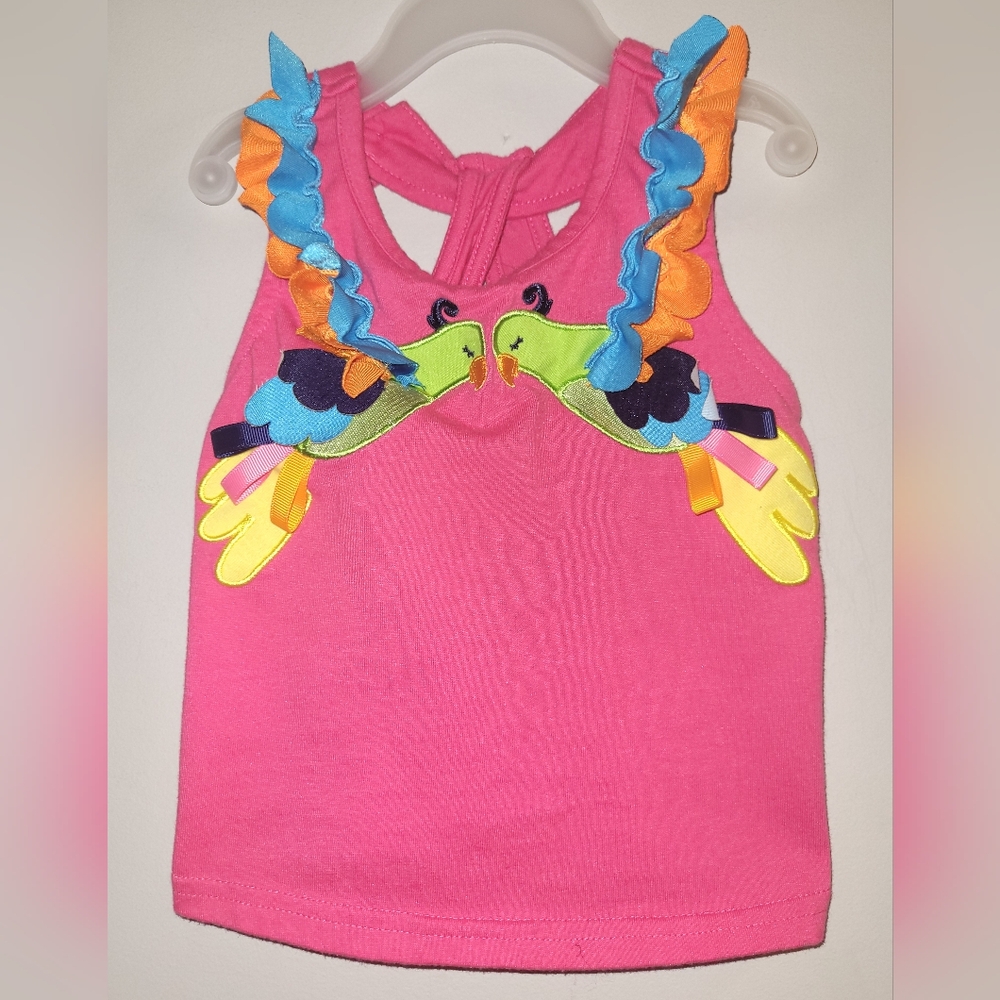 🦜 Rare Editions Hot Pink Ruffled Ribbon Tropical Bird Tank Top Toddler Girls 3T
